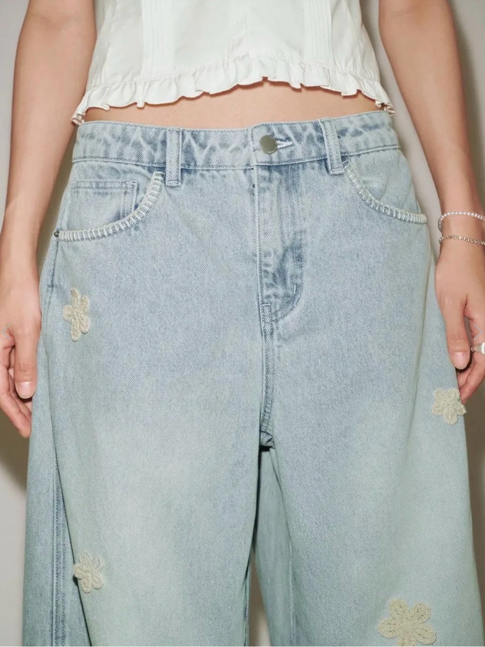 Embroidered Light Wash Wide-Leg Jeans - Women - Picture 2 of 6